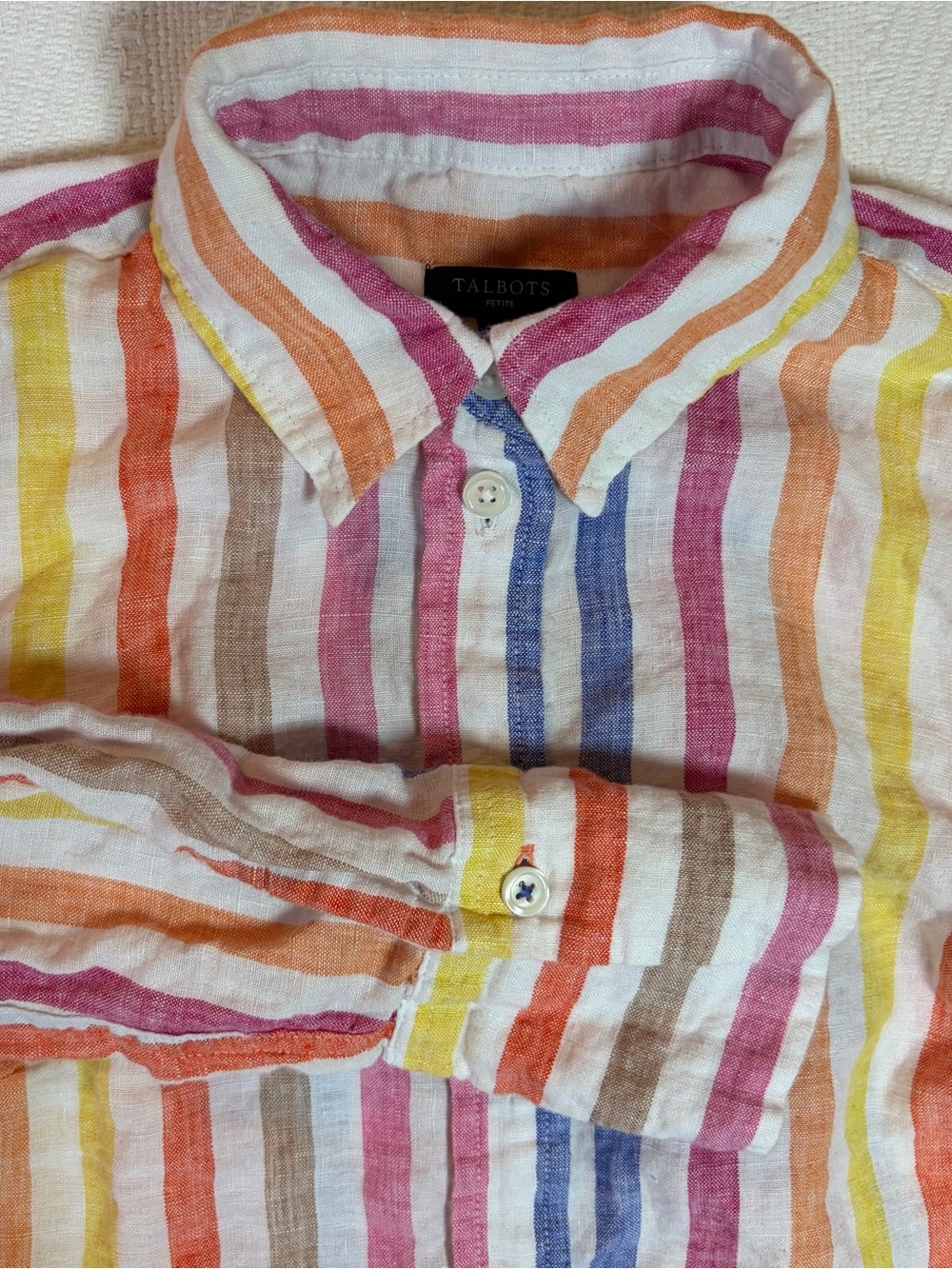 Talbots Linen Shirt Size P Multicolor Stripe Button-Up Long Sleeve Beach Coastal